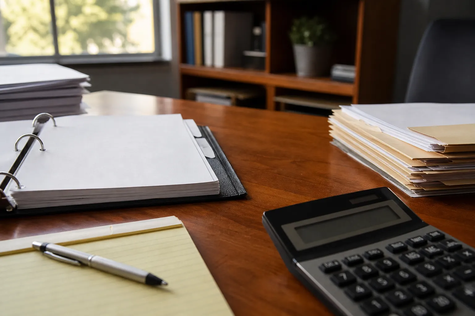 Open binder, document stacks, calculator, pen, and legal pad arranged on a wooden office desk.