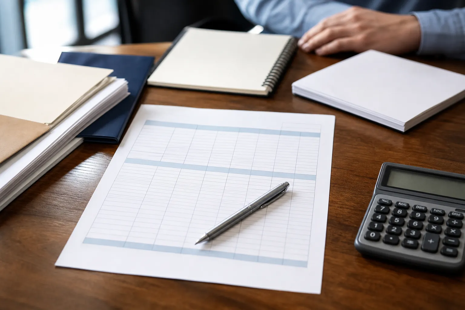 Blank financial schedule with a pen, calculator, notebooks, document folders, and a person's hand on a desk.