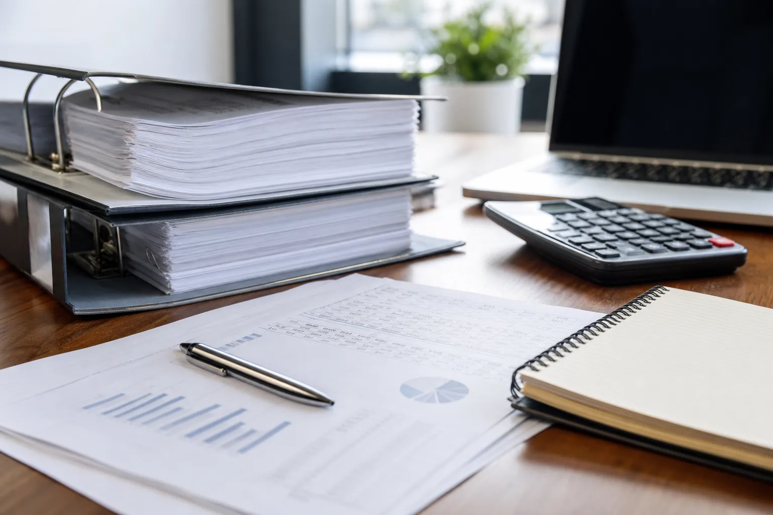 Financial reports, two full binders, a calculator, laptop, pen, and blank notebook arranged on an office desk.