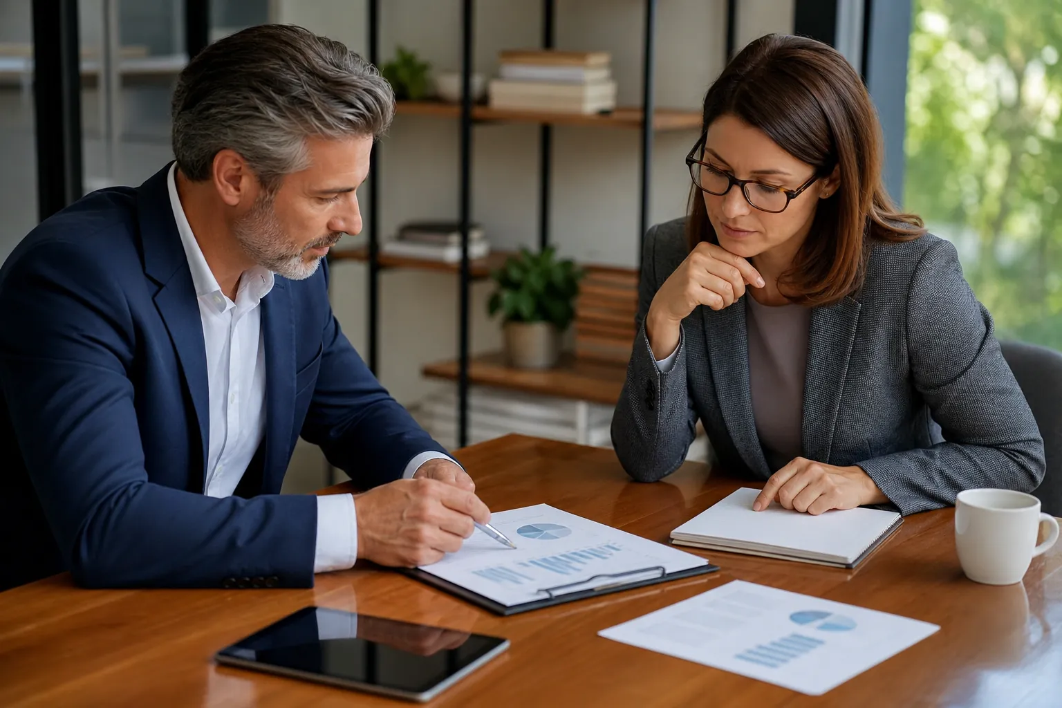 Business professionals reviewing financial documents Two business professionals review financial charts and documents together at a wooden office table.