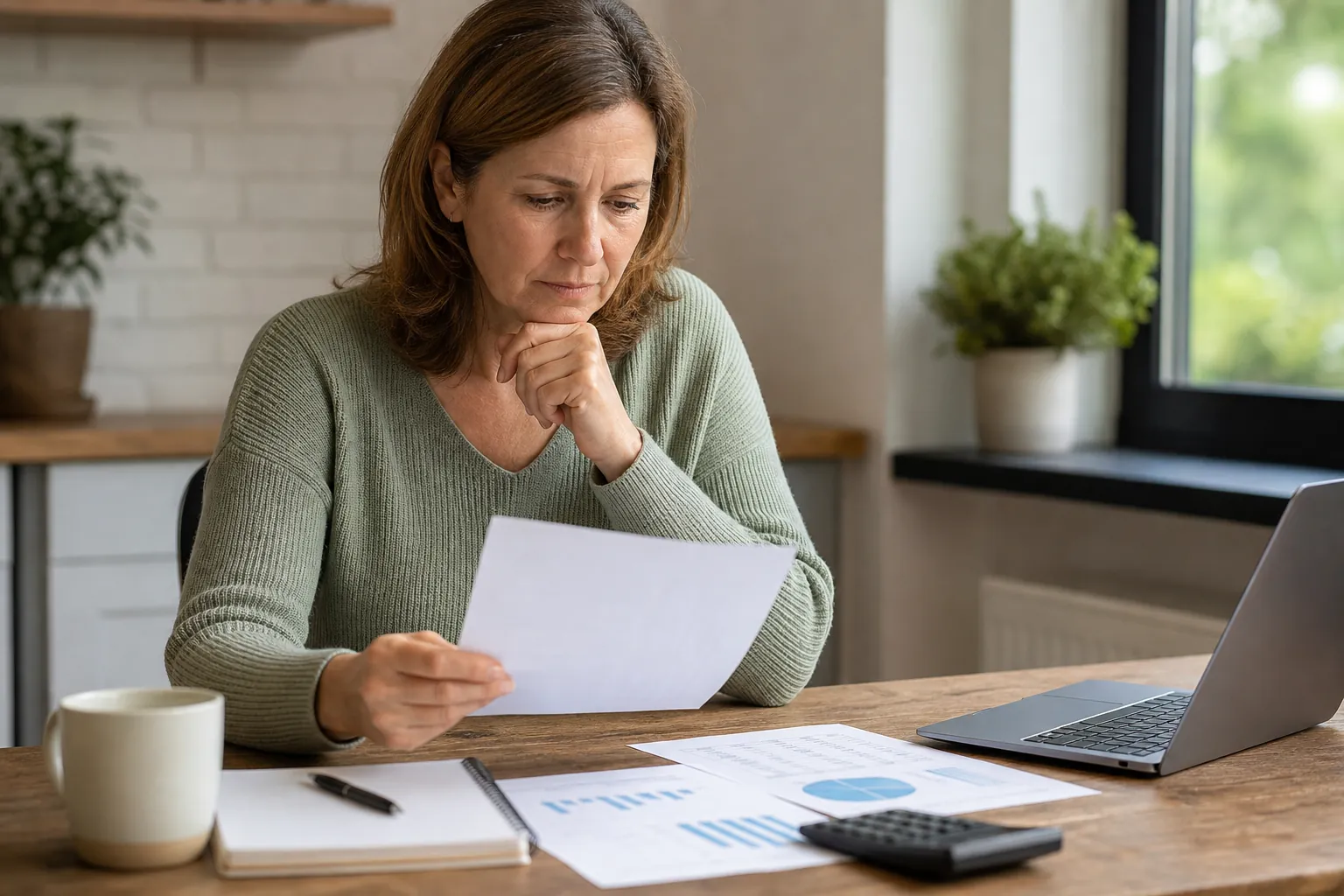 Woman Reviewing Her Liquidity and Financial Needs Woman reviews financial documents beside a laptop, calculator, notebook, and charts at a kitchen table.