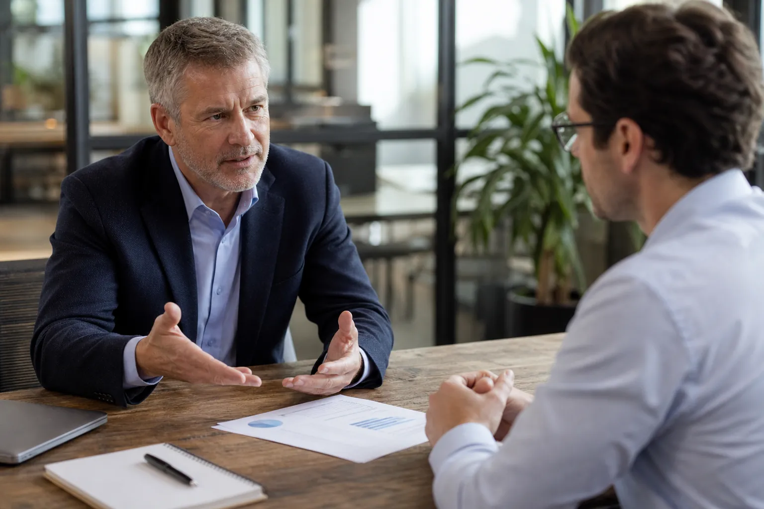 Businessmen Discuss Seller Financing Terms Two businessmen discuss financial documents across a wooden table in a modern office during a business sale meeting.