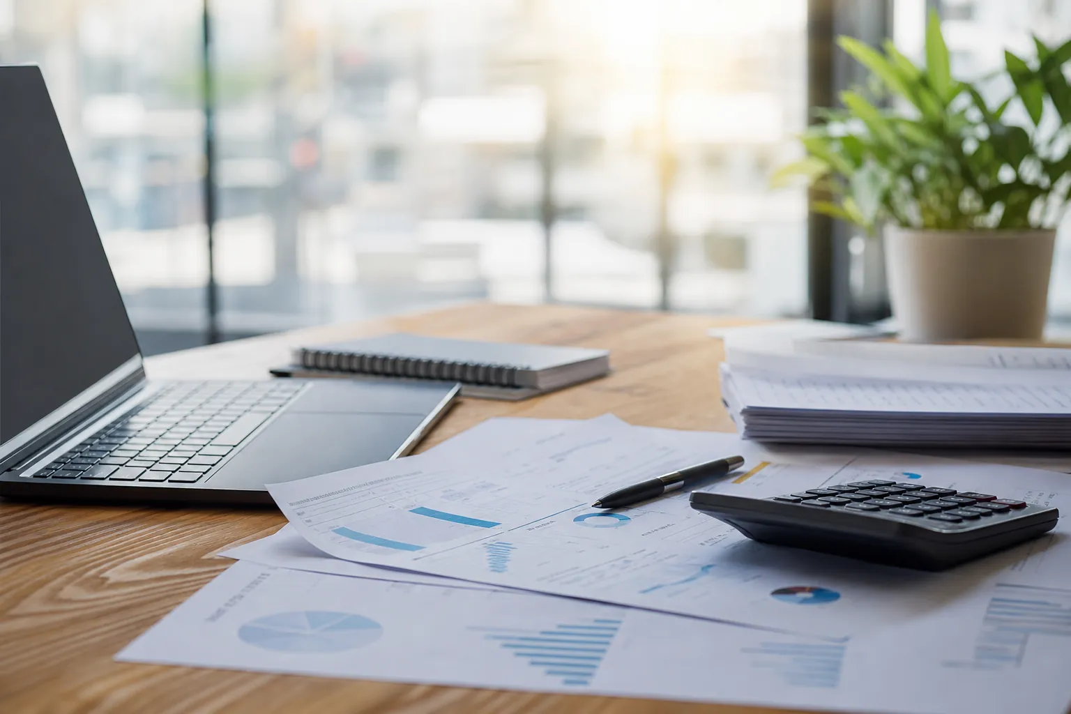 Financial Forecasting Documents on an Office Desk Laptop, calculator, pen, notebook, and printed financial charts arranged on a sunlit office desk.