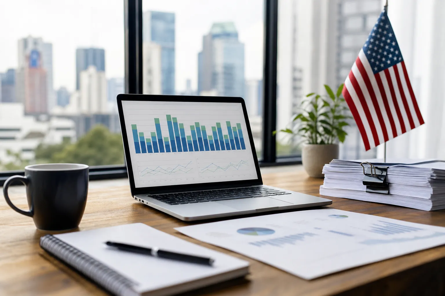 Cash Flow Forecast Charts on a U.S. Office Desk Laptop displaying financial charts beside reports, a coffee mug, and a U.S. flag on an office desk.
