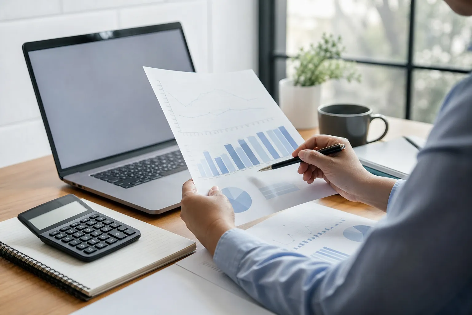 Reviewing Financial Forecast Charts at a Desk Business professional reviews printed financial charts beside a laptop and calculator at a desk.