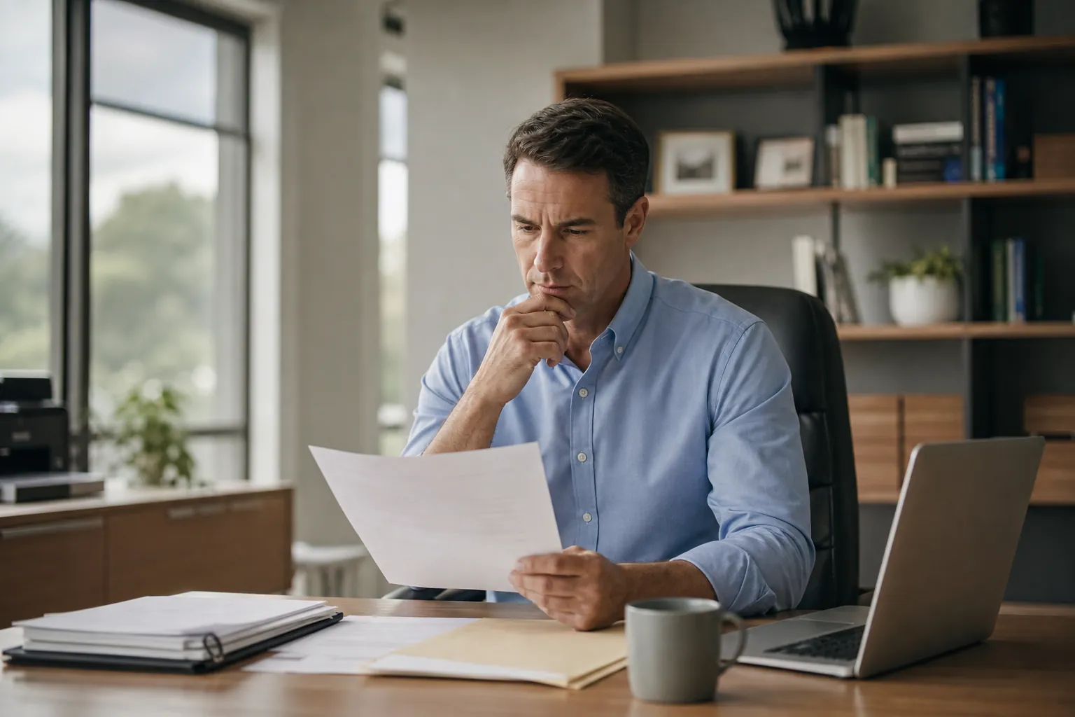 Thoughtful Businessman Reviewing a Document A thoughtful man in a blue shirt reads a document at an office desk beside an open laptop, papers and a mug.
