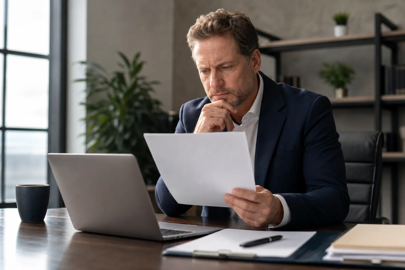 Businessman Reviewing a Document at His Desk A man in a navy suit studies a sheet of paper with one hand under his chin, seated at a desk with a laptop and folders.