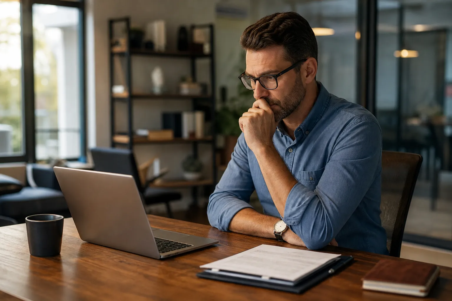 Thoughtful Businessman Reviewing a Laptop and Paperwork A thoughtful man in glasses studies a laptop at a wooden office table with paperwork, a mug and a closed notebook.