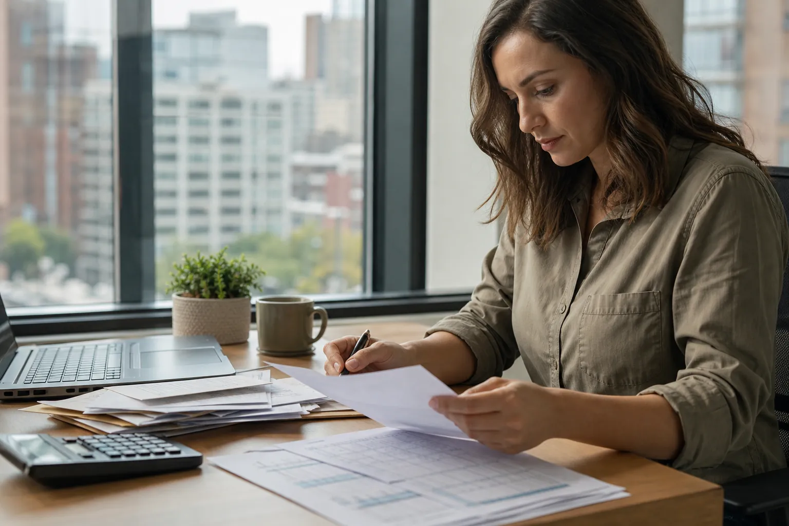 Reviewing paperwork for vendor payment scheduling Woman reviews paperwork with a pen, laptop, calculator, and financial documents at an office desk.