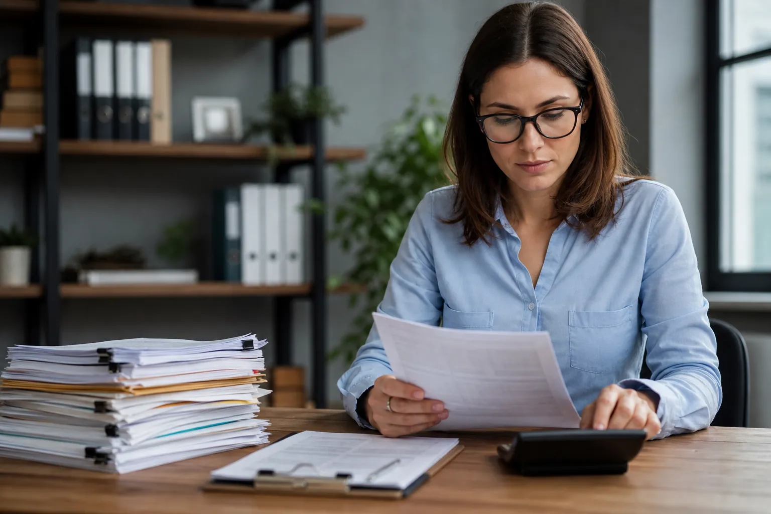 Accountant Reviewing Payables and Calculating Expenses Accountant reviews a printed bill beside stacked paperwork, a clipboard, and a calculator at her office desk.