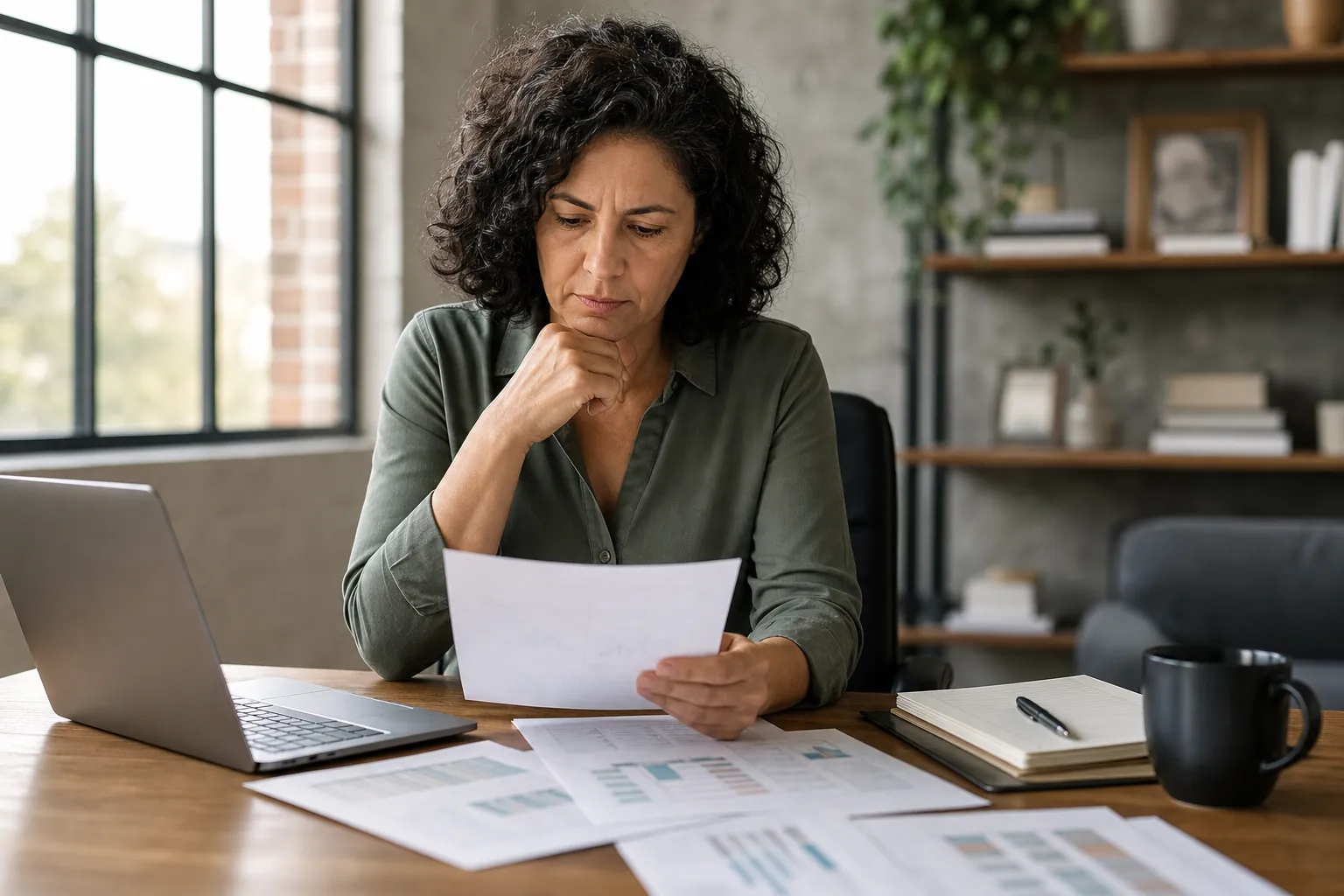 Woman Reviewing Financial Documents at Her Desk Concerned woman reviews financial documents at a desk with a laptop, reports, notebook, pen, and coffee mug.