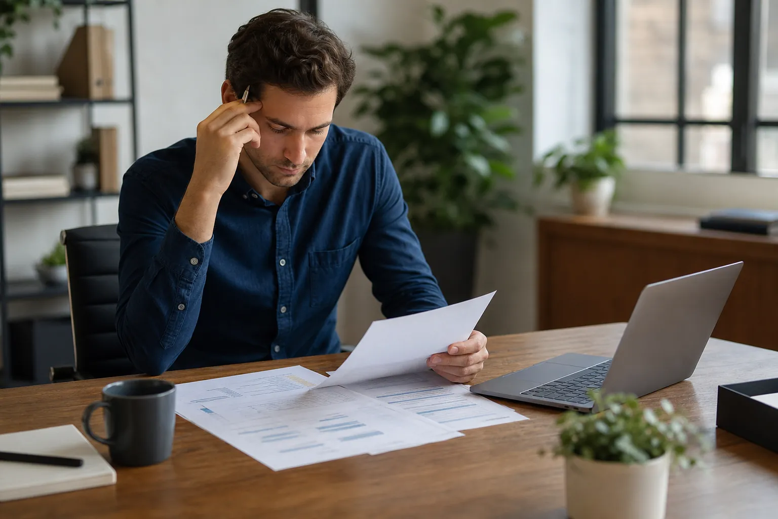 Founder Reviewing Financial Documents at His Desk (detail) A man reviews printed financial documents at a desk with an open laptop, coffee mug, notebook, and pen.