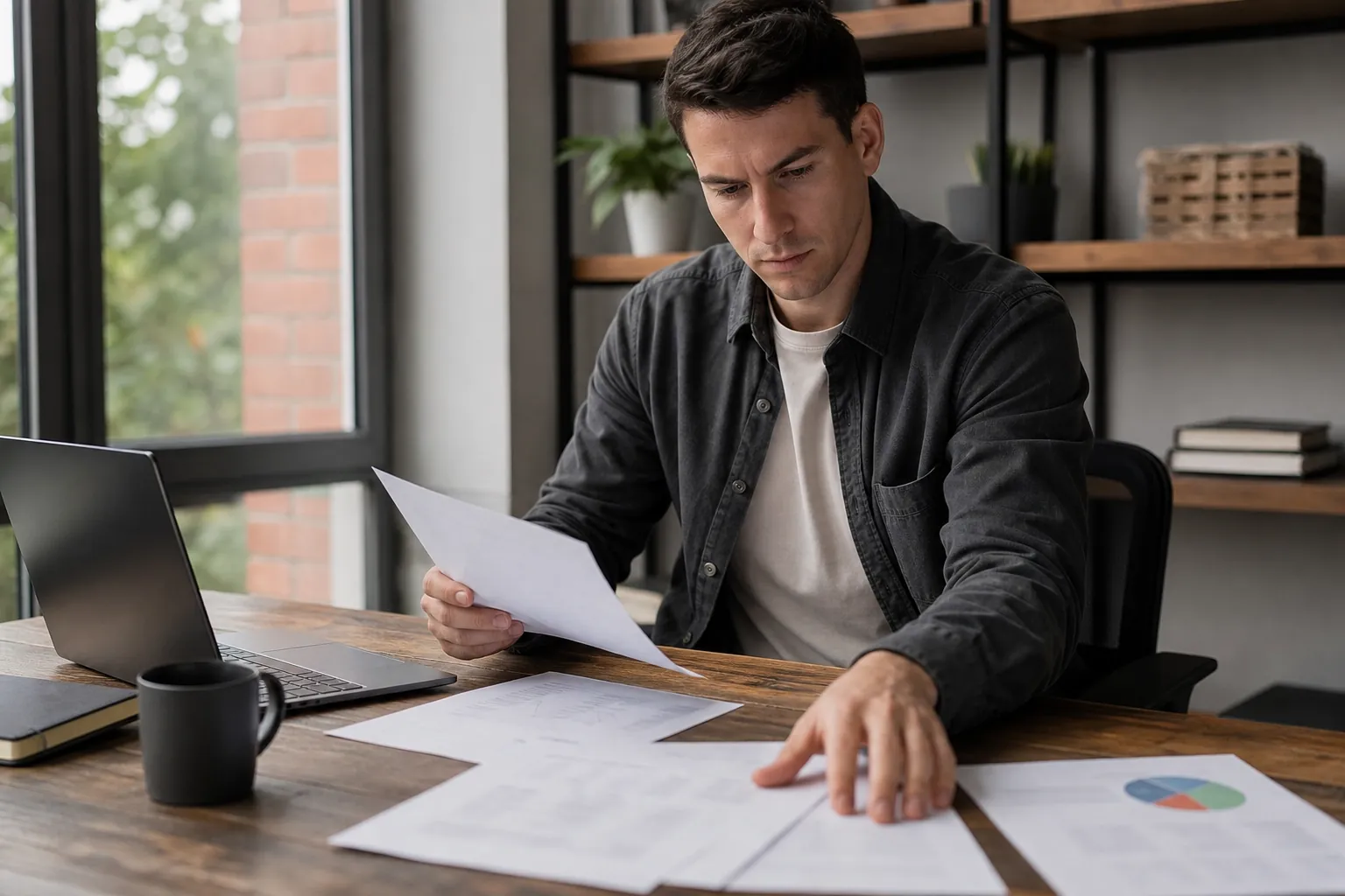 Founder Reviewing Financial Documents at His Desk (next step) Man at a desk reviewing financial papers and a pie chart beside an open laptop and coffee mug.
