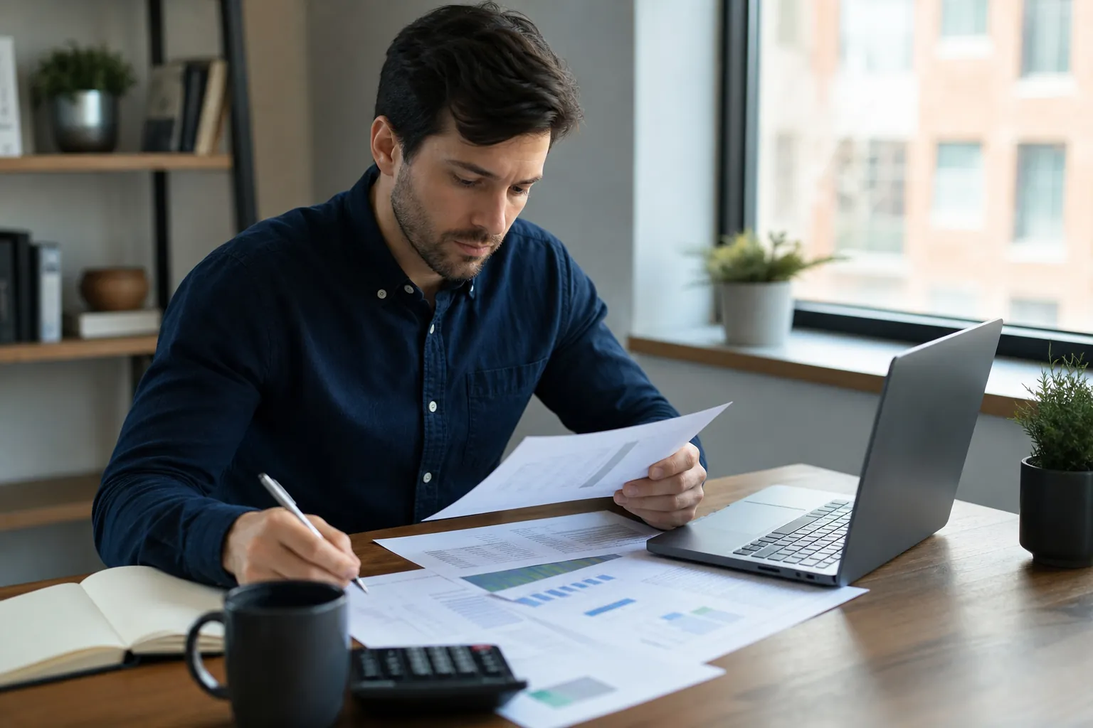 Founder Reviewing Weekly Cash Management Reports (featured) A man reviews printed financial charts beside a laptop, calculator, notebook, and coffee mug at an office desk.