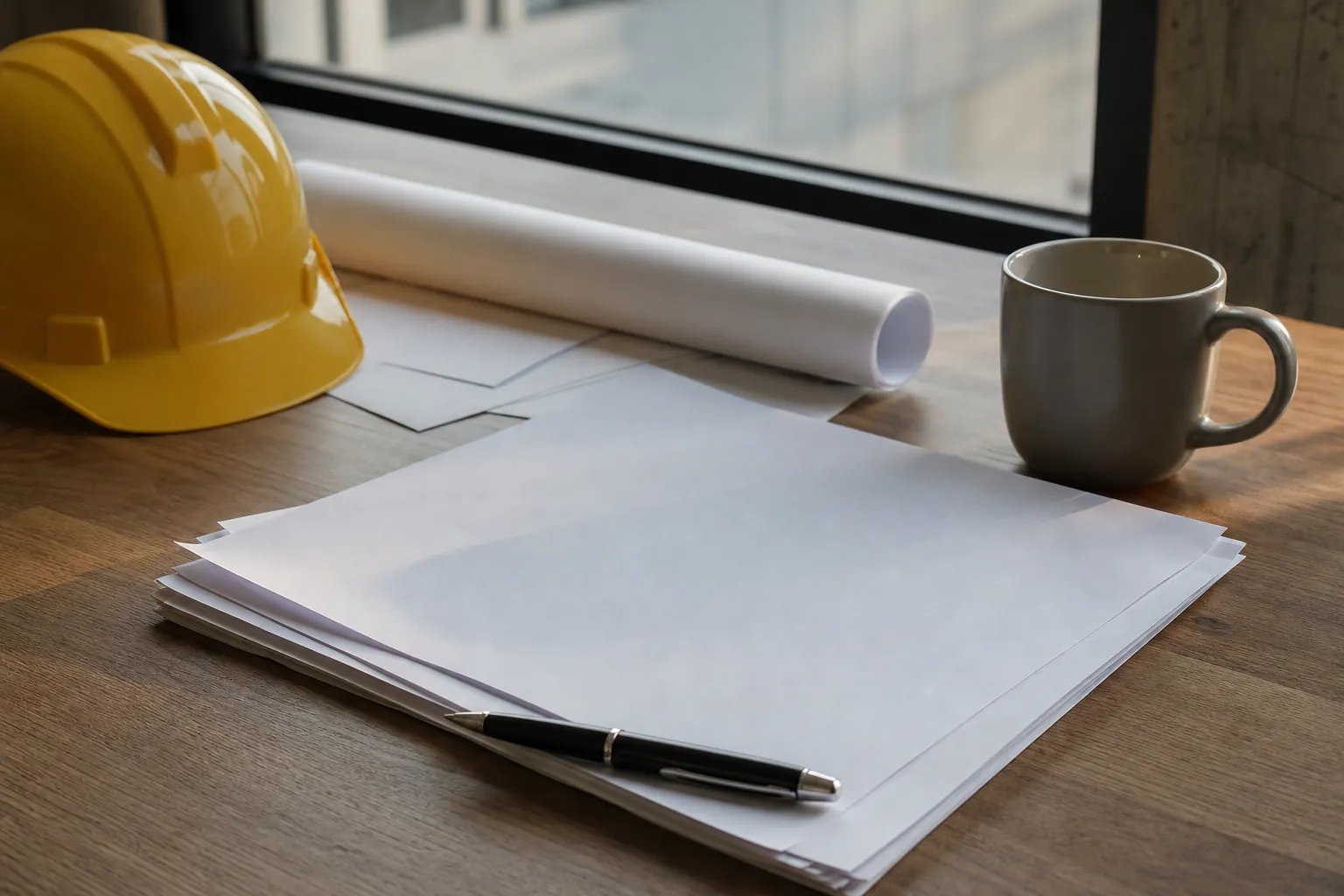 Yellow hard hat, rolled plans, blank papers, a black pen and a gray mug on a wooden desk beside a window.