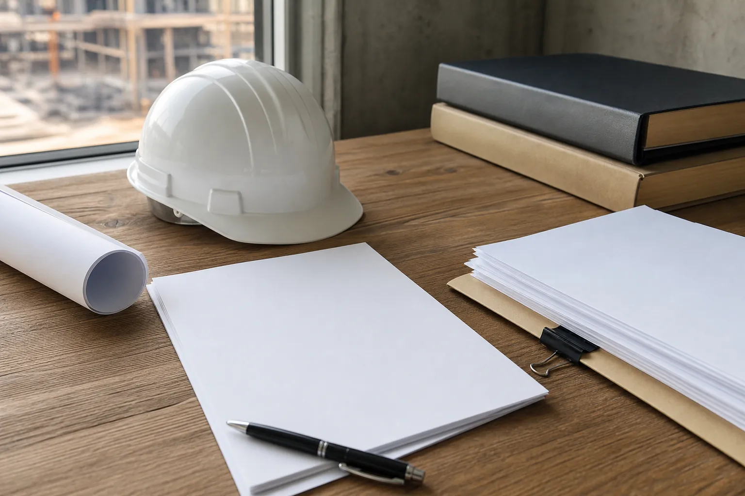 Hard Hat and Blank Paperwork on a Construction Desk White hard hat, blank papers, a pen, rolled plans and stacked binders on a wooden desk beside a construction site window.