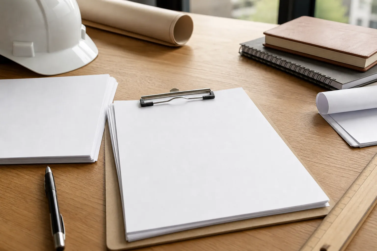 Clipboard and Construction Planning Supplies Blank clipboard on a wooden desk with a white hard hat, rolled plans, notebooks, loose paper, a pen and a ruler.