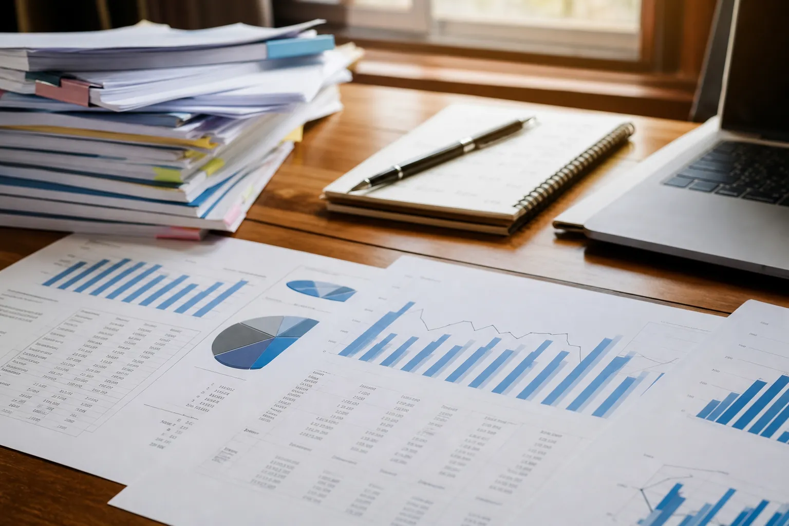 Financial reports with blue bar and pie charts beside stacked folders, a notebook, pen, and laptop on a wooden desk.