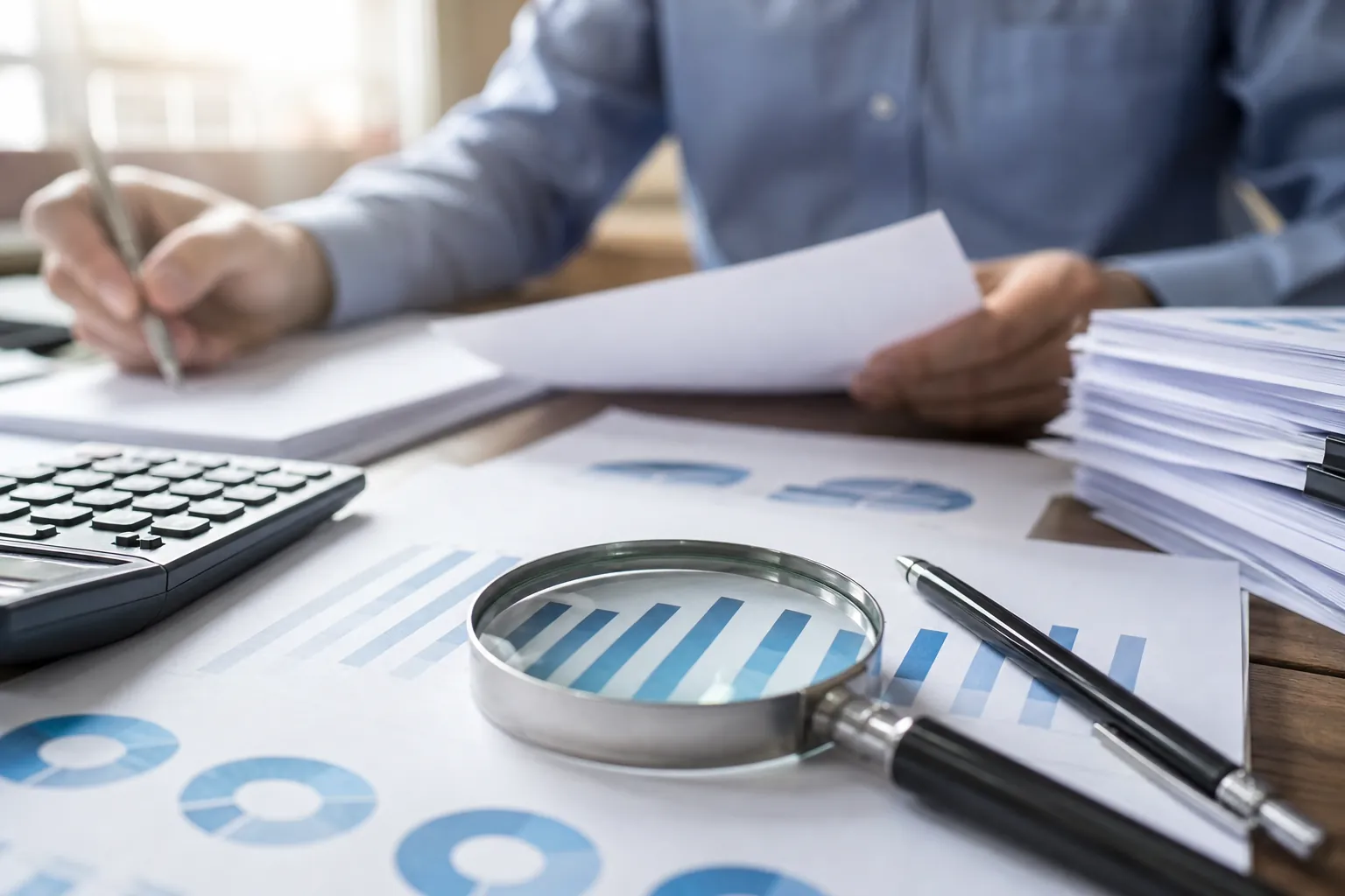 Business professional reviews financial charts and paperwork beside a calculator, pen, magnifying glass, and document stack.