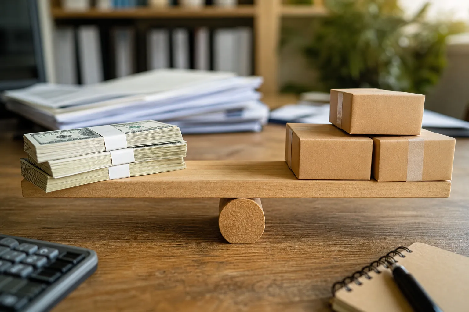 Stacks of U.S. cash balance against three cardboard boxes on a wooden scale in an office.