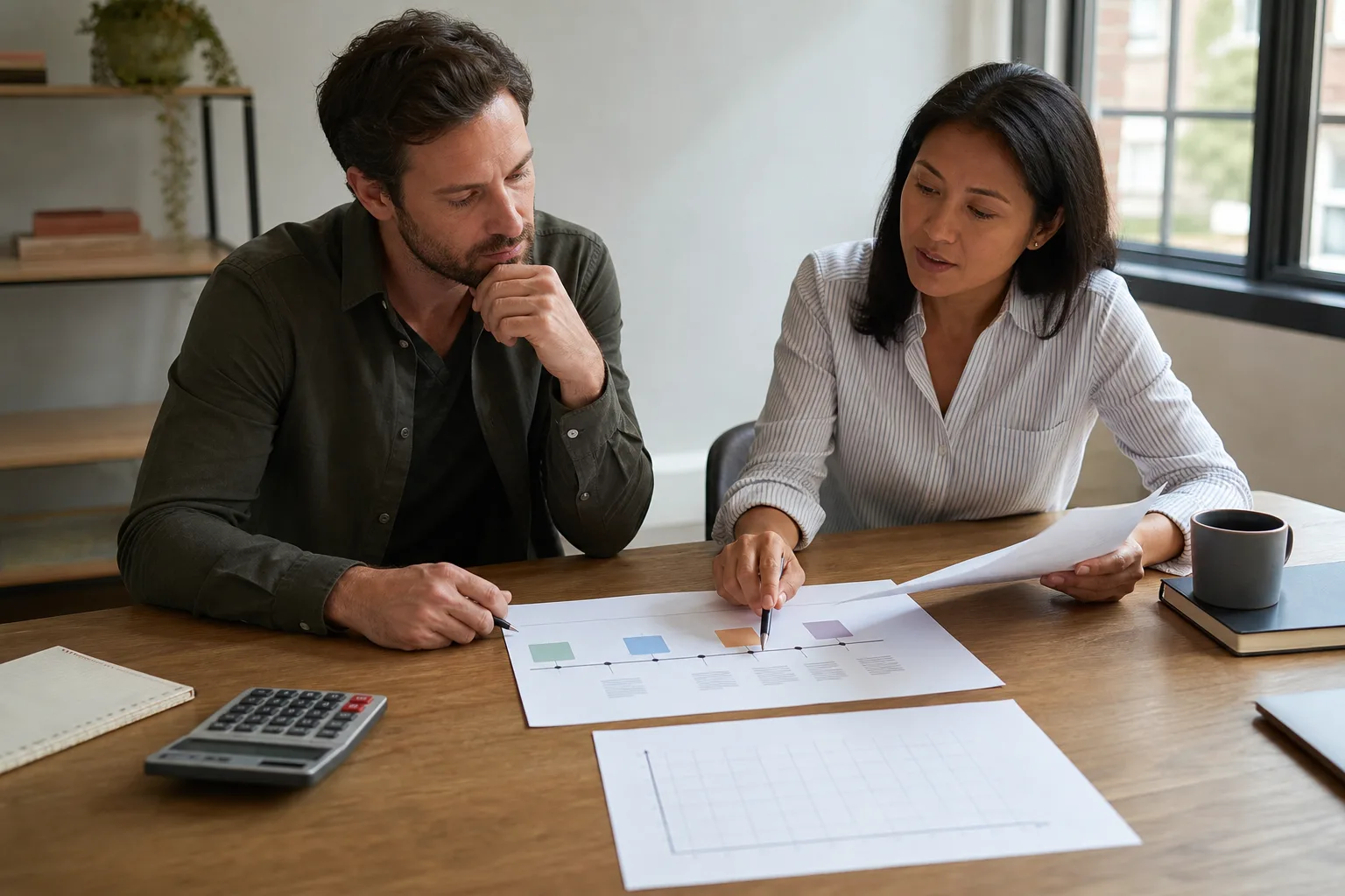 Business owners reviewing a paper cash-flow timeline, a calculator, and a blank monthly graph for active cash management for founders: strategies for sustainable growth Business owners reviewing a paper cash-flow timeline, a calculator, and a blank monthly graph for active cash management for founders: strategies for sustainable growth
