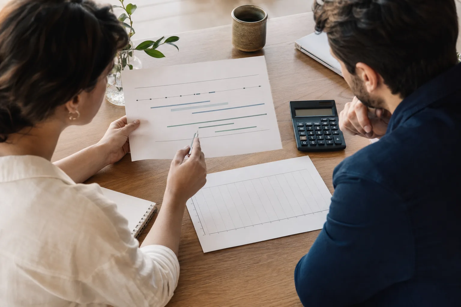Business owners discussing why active cash management matters with financial charts Business owners discussing why active cash management matters with financial charts