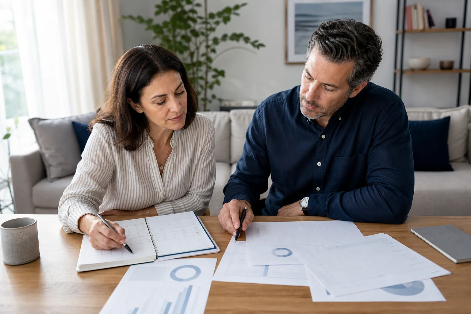 Business owners reviewing a personal and business planning calendar beside blank financial charts for aligning business and personal wealth for founder-led success Business owners reviewing a personal and business planning calendar beside blank financial charts for aligning business and personal wealth for founder-led success