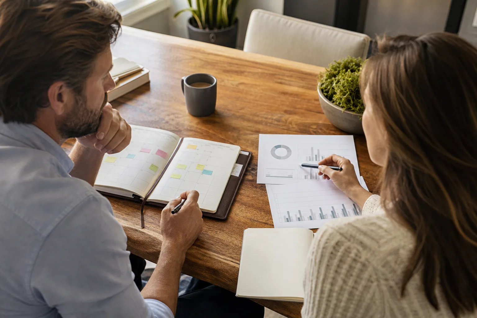 Business owners discussing the role of a fractional cfo in wealth alignment with financial charts Business owners discussing the role of a fractional cfo in wealth alignment with financial charts