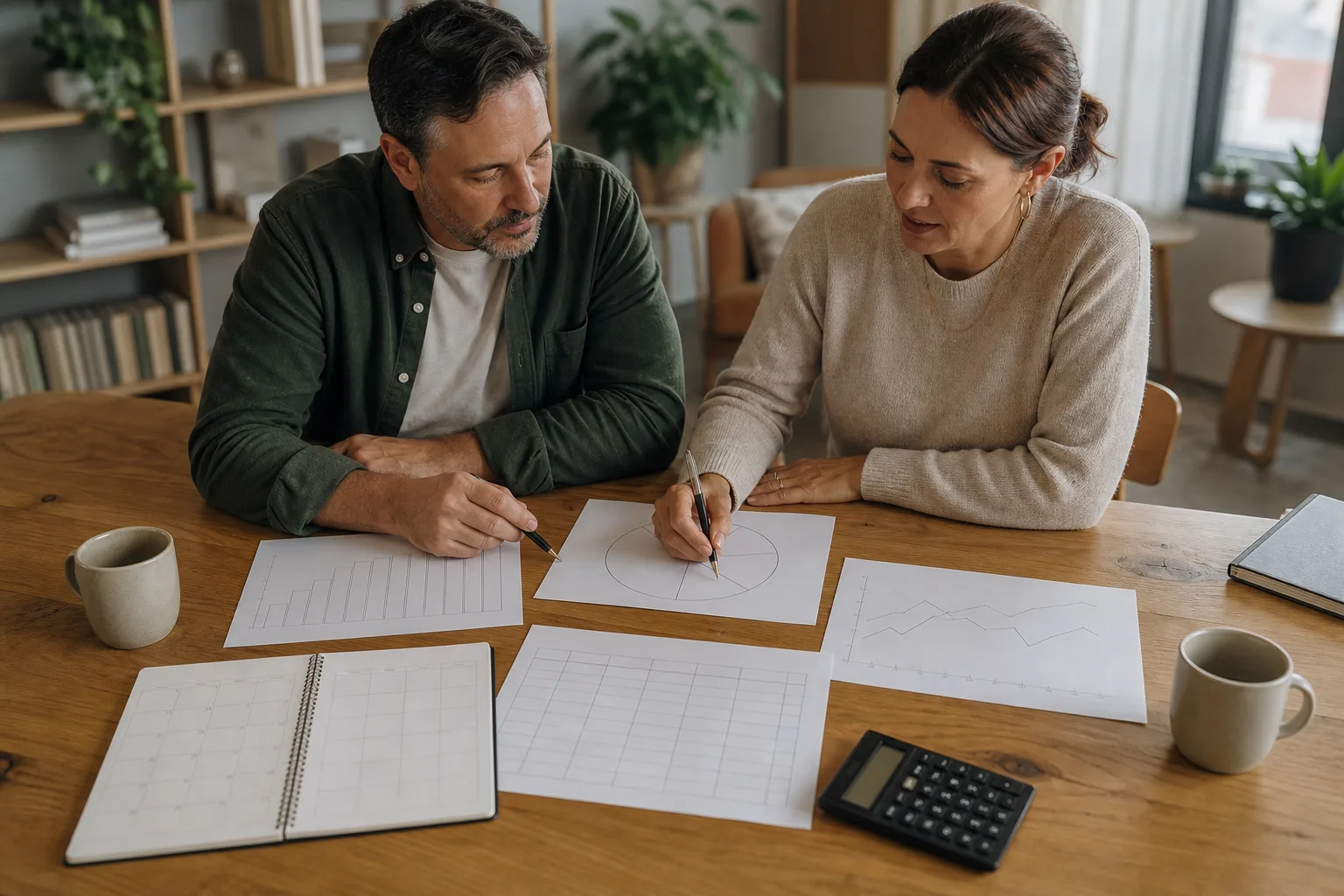 Business owners reviewing blank business financial charts, a planning calendar, and a calculator for how to build useful board reporting for a small business Business owners reviewing blank business financial charts, a planning calendar, and a calculator for how to build useful board reporting for a small business