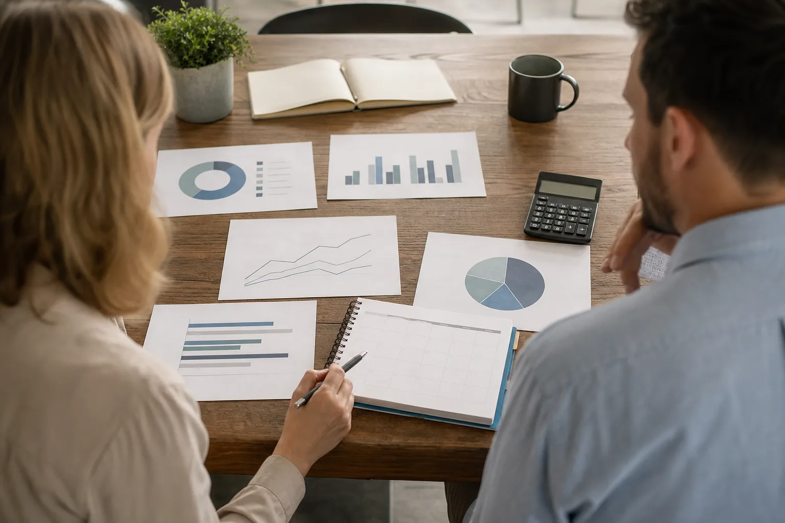 Business owners discussing include a focused financial dashboard with financial charts Business owners discussing include a focused financial dashboard with financial charts