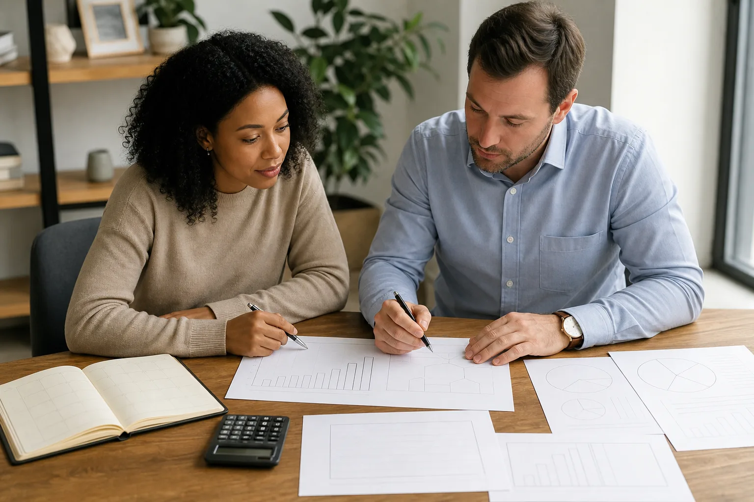 Business owners reviewing blank business financial charts, a planning calendar, and a calculator for capital allocation for small businesses: what founders need to know Business owners reviewing blank business financial charts, a planning calendar, and a calculator for capital allocation for small businesses: what founders need to know