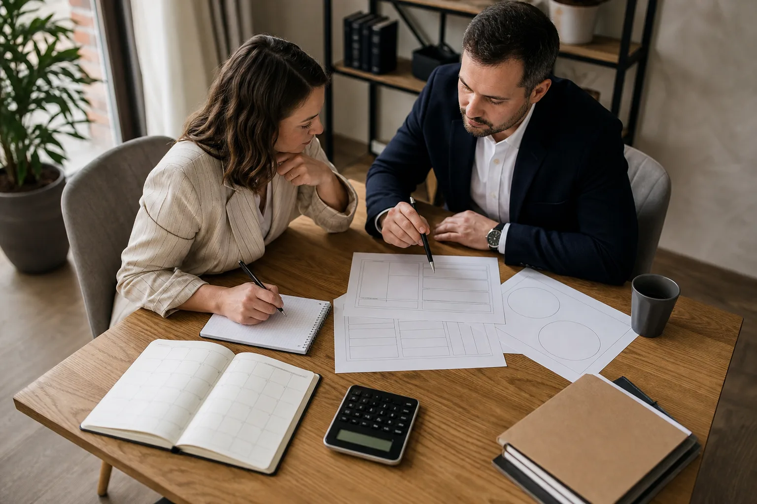Business owners reviewing blank business financial charts, a planning calendar, and a calculator for capital allocation framework for founders: a strategic guide Business owners reviewing blank business financial charts, a planning calendar, and a calculator for capital allocation framework for founders: a strategic guide