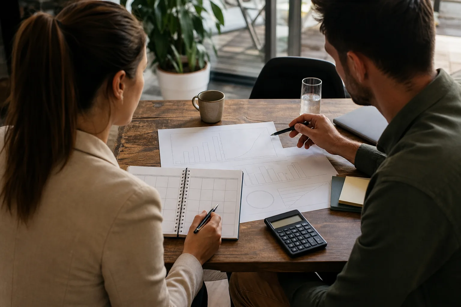 Business owners discussing why capital efficiency matters for founder-led businesses with financial charts Business owners discussing why capital efficiency matters for founder-led businesses with financial charts