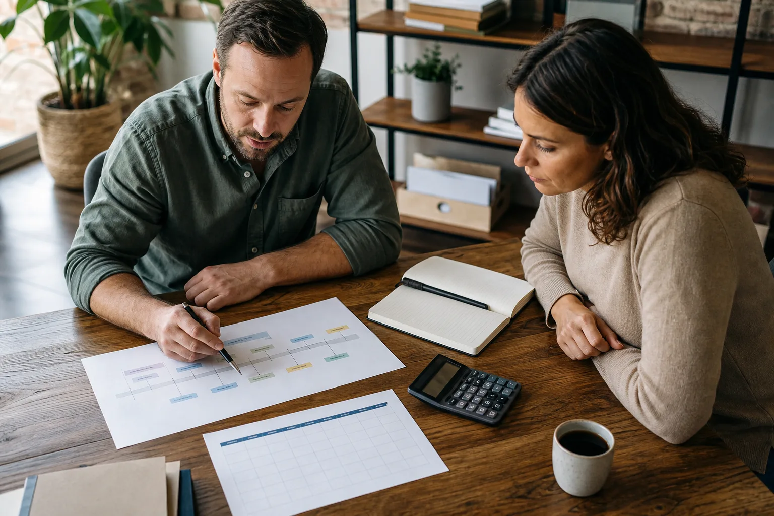 Business owners reviewing a paper cash-flow timeline, a calculator, and a blank monthly graph for cash flow management strategies for founder-led businesses Business owners reviewing a paper cash-flow timeline, a calculator, and a blank monthly graph for cash flow management strategies for founder-led businesses