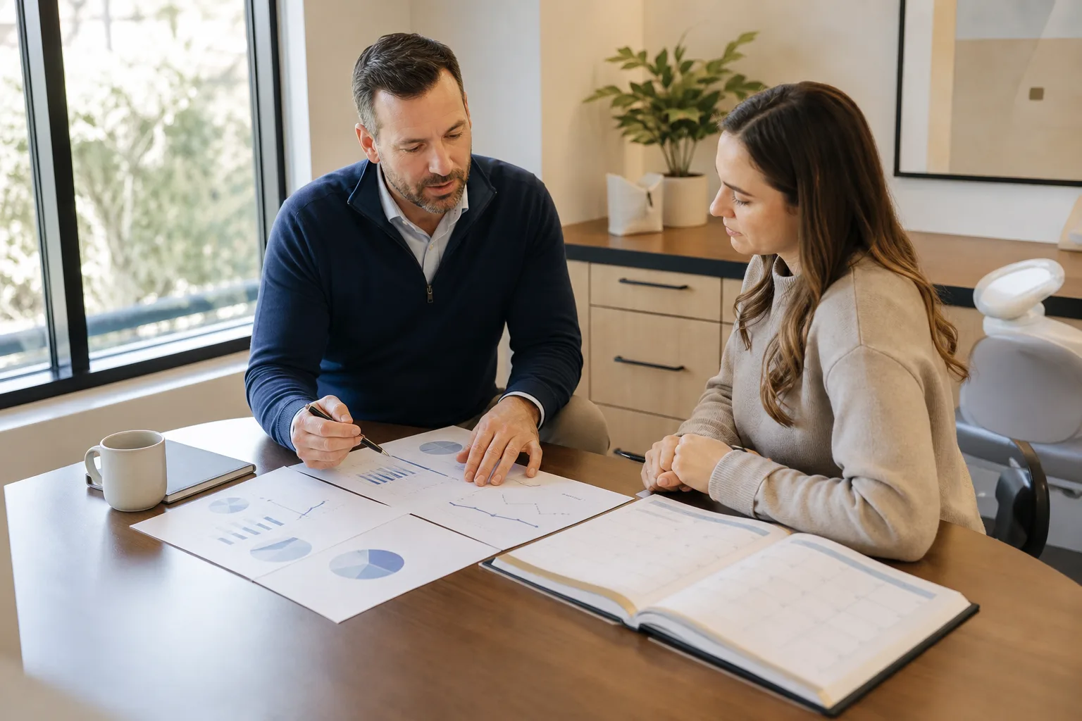 Business owners reviewing blank practice finance charts and an appointment calendar, without patient information for cfo advisory for dental practices: what every owner should know Business owners reviewing blank practice finance charts and an appointment calendar, without patient information for cfo advisory for dental practices: what every owner should know