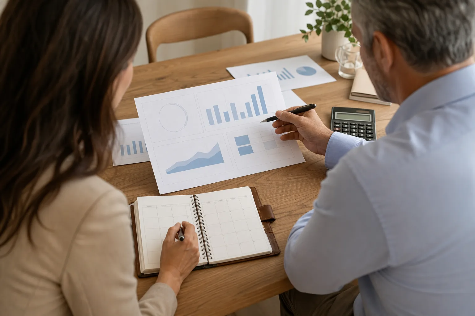 Business owners discussing core metrics owners should consider with financial charts