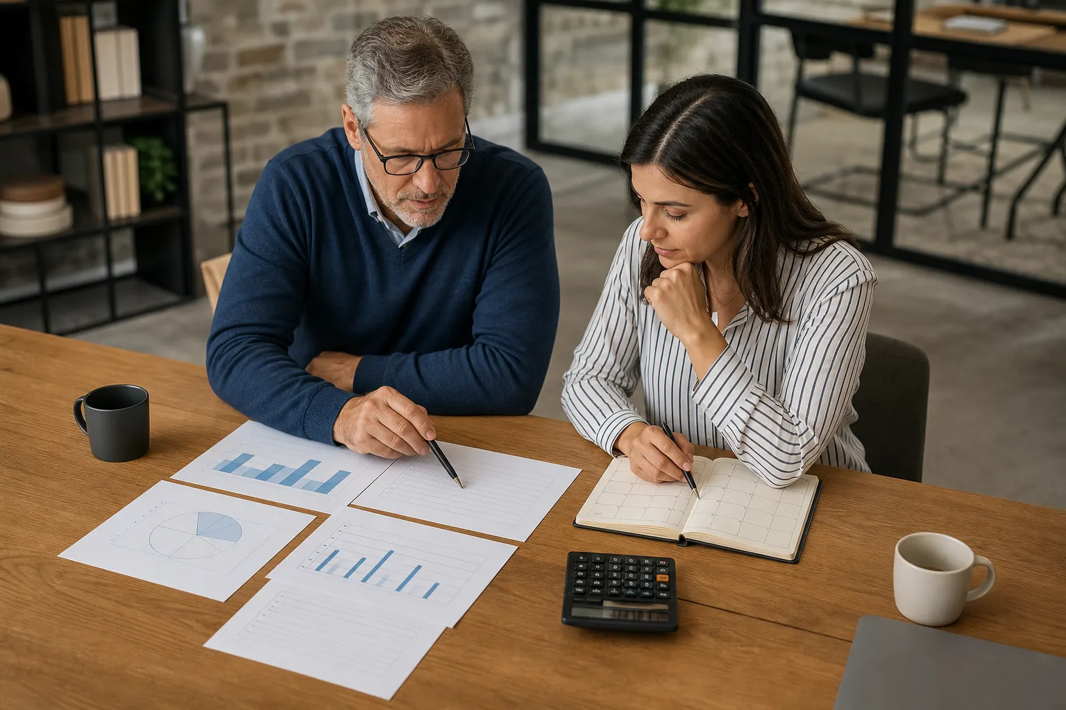 Business owners reviewing blank business financial charts, a planning calendar, and a calculator for how to build a cfo dashboard for better business decisions