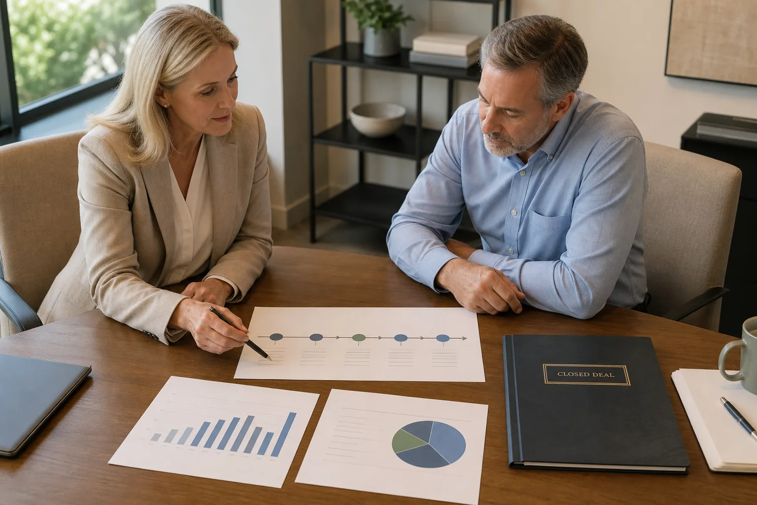 Business owners reviewing a business transition timeline, blank valuation charts, and a closed deal folder for exit planning for healthcare owners: steps to a smooth transition Business owners reviewing a business transition timeline, blank valuation charts, and a closed deal folder for exit planning for healthcare owners: steps to a smooth transition