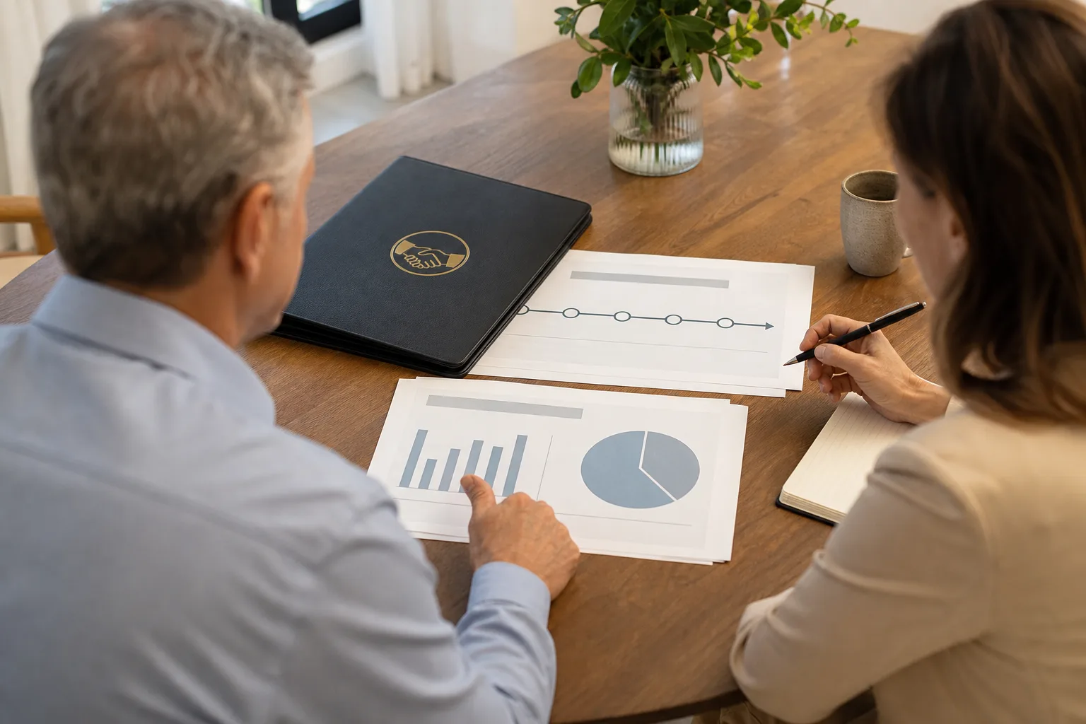 Business owners discussing why proactive exit planning matters with financial charts Business owners discussing why proactive exit planning matters with financial charts
