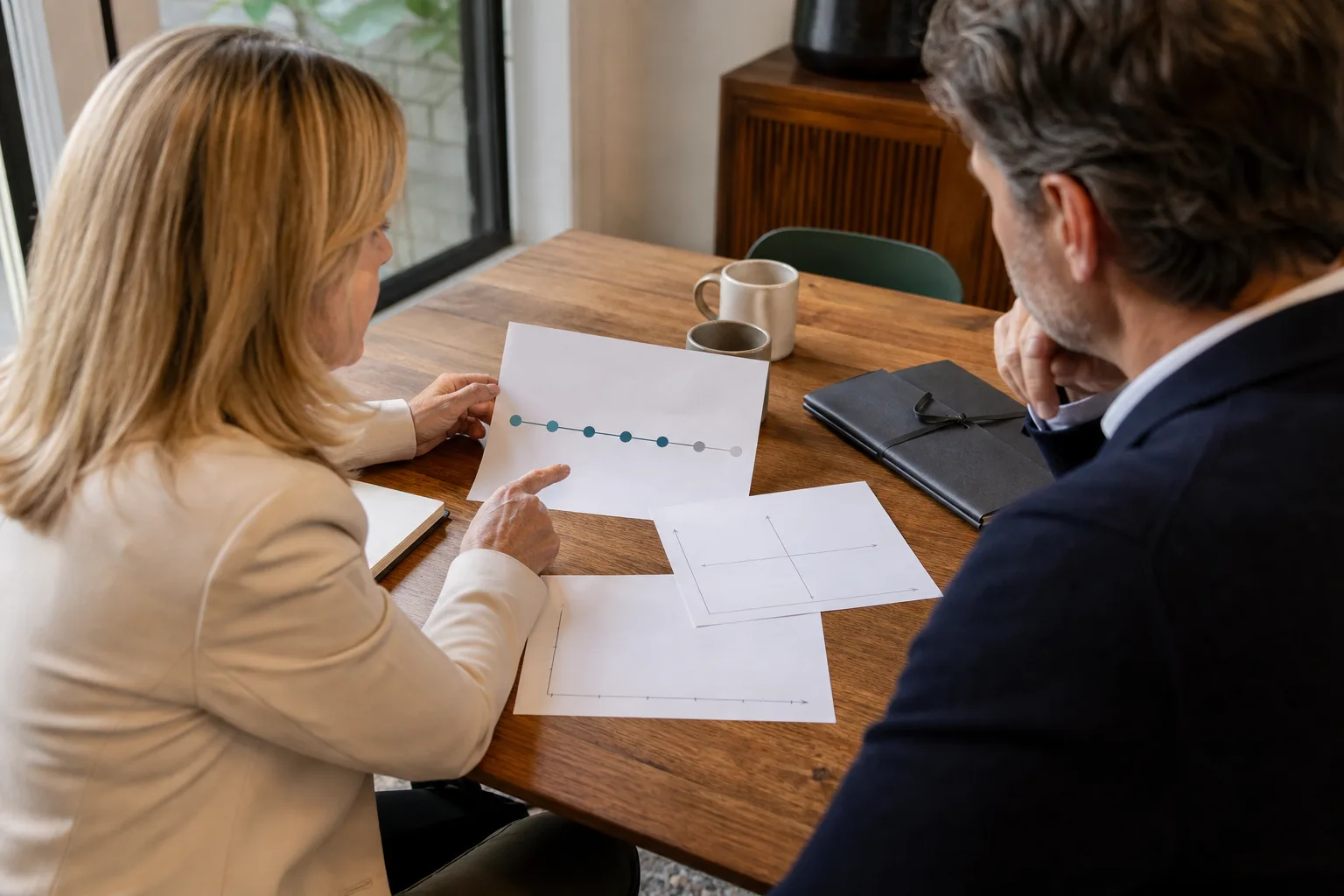 Business owners discussing 1. waiting too long to start exit planning with financial charts Business owners discussing 1. waiting too long to start exit planning with financial charts