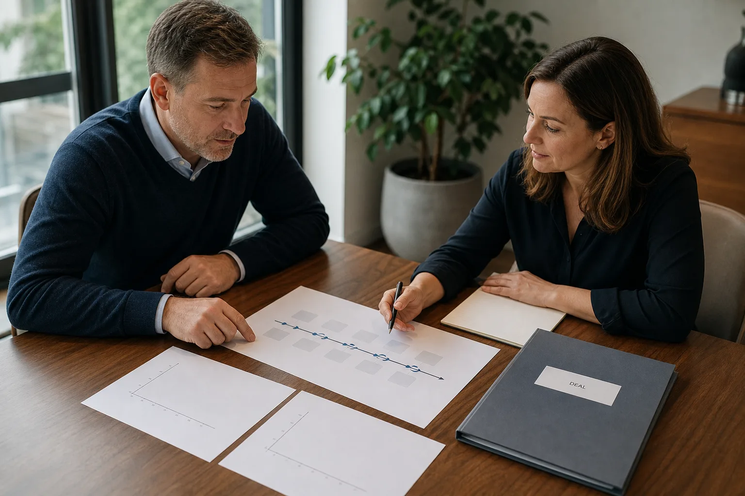 Business owners reviewing a business transition timeline, blank valuation charts, and a closed deal folder for common exit planning mistakes to avoid in founder-led businesses Business owners reviewing a business transition timeline, blank valuation charts, and a closed deal folder for common exit planning mistakes to avoid in founder-led businesses
