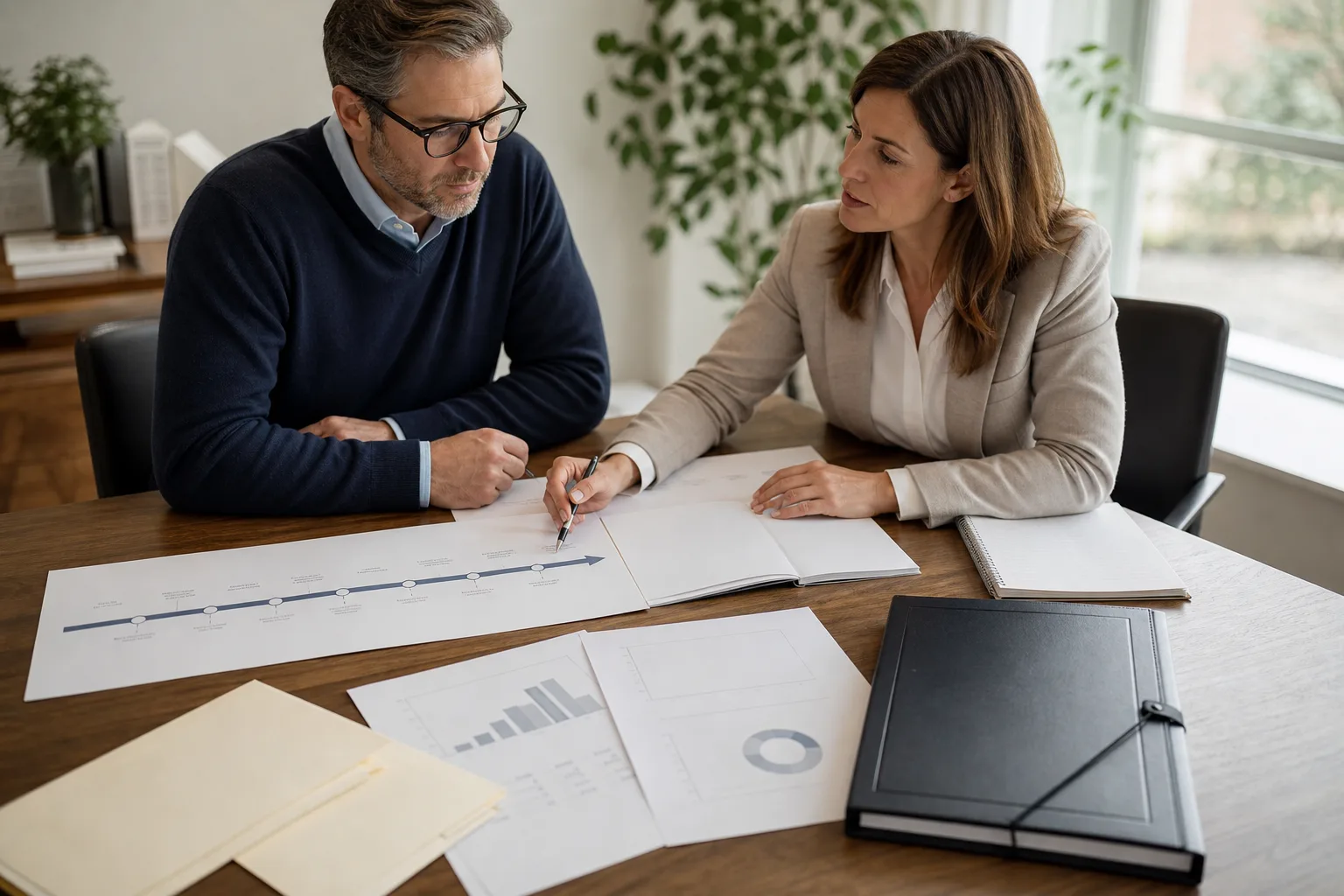 Business owners reviewing a business transition timeline, blank valuation charts, and a closed deal folder for exit planning steps for business owners: a practical guide Business owners reviewing a business transition timeline, blank valuation charts, and a closed deal folder for exit planning steps for business owners: a practical guide