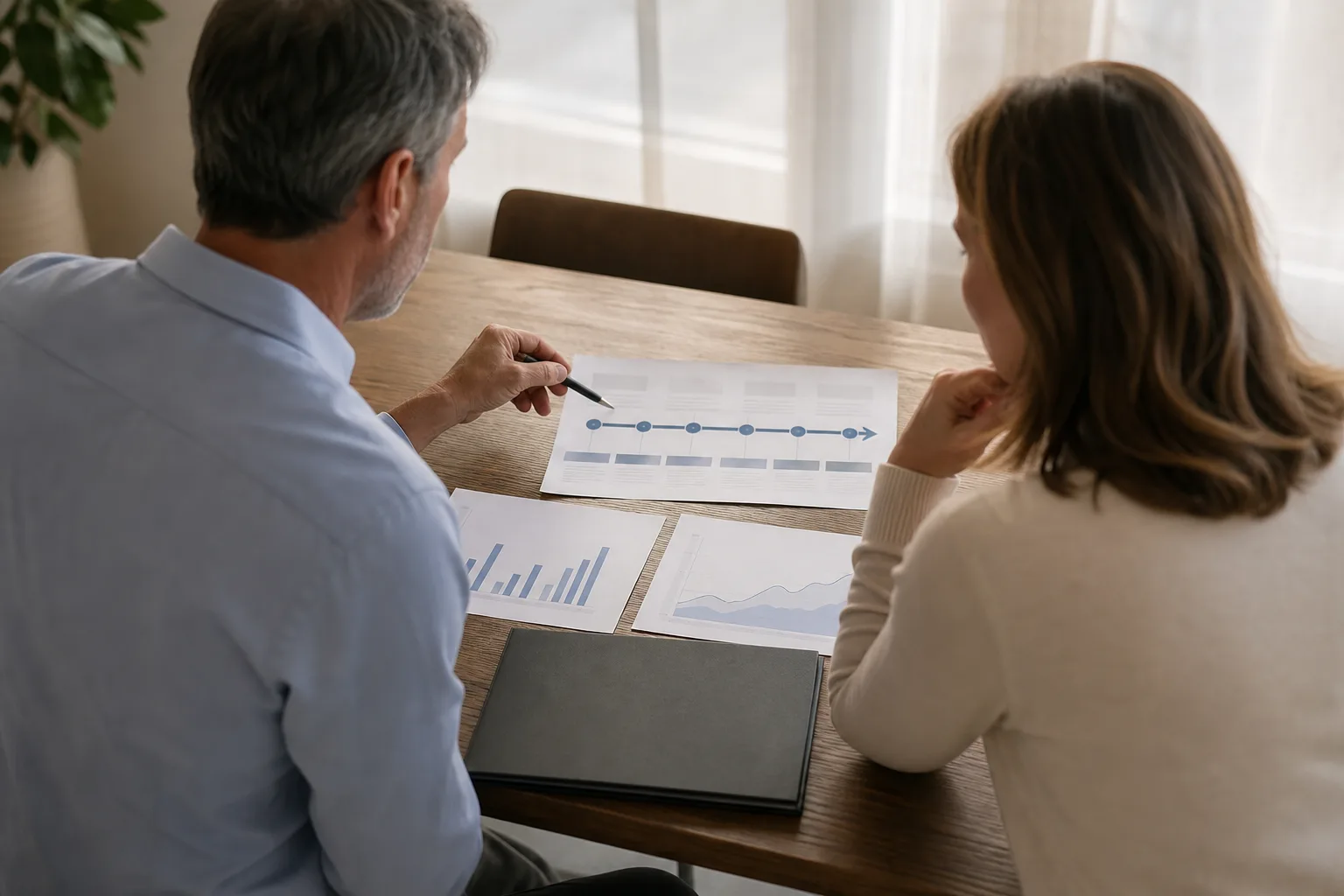Business owners discussing step 1: clarify your goals and vision with financial charts Business owners discussing step 1: clarify your goals and vision with financial charts