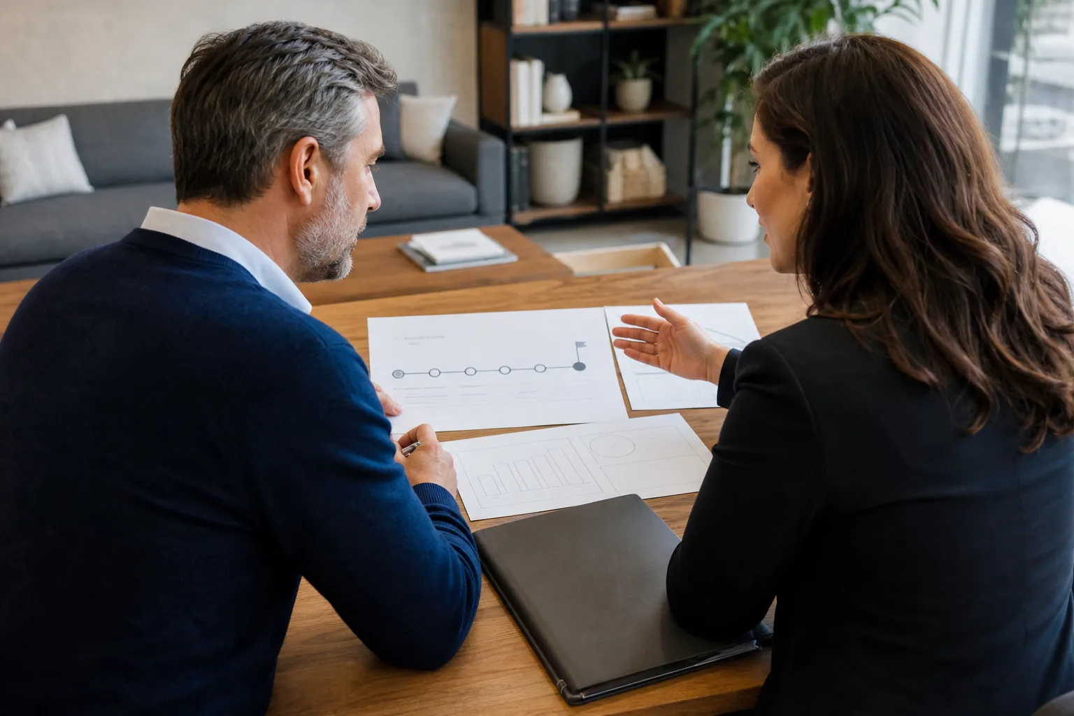 Business owners reviewing a business transition timeline, blank valuation charts, and a closed deal folder for exit readiness for family businesses: a guide to sustainable transitions