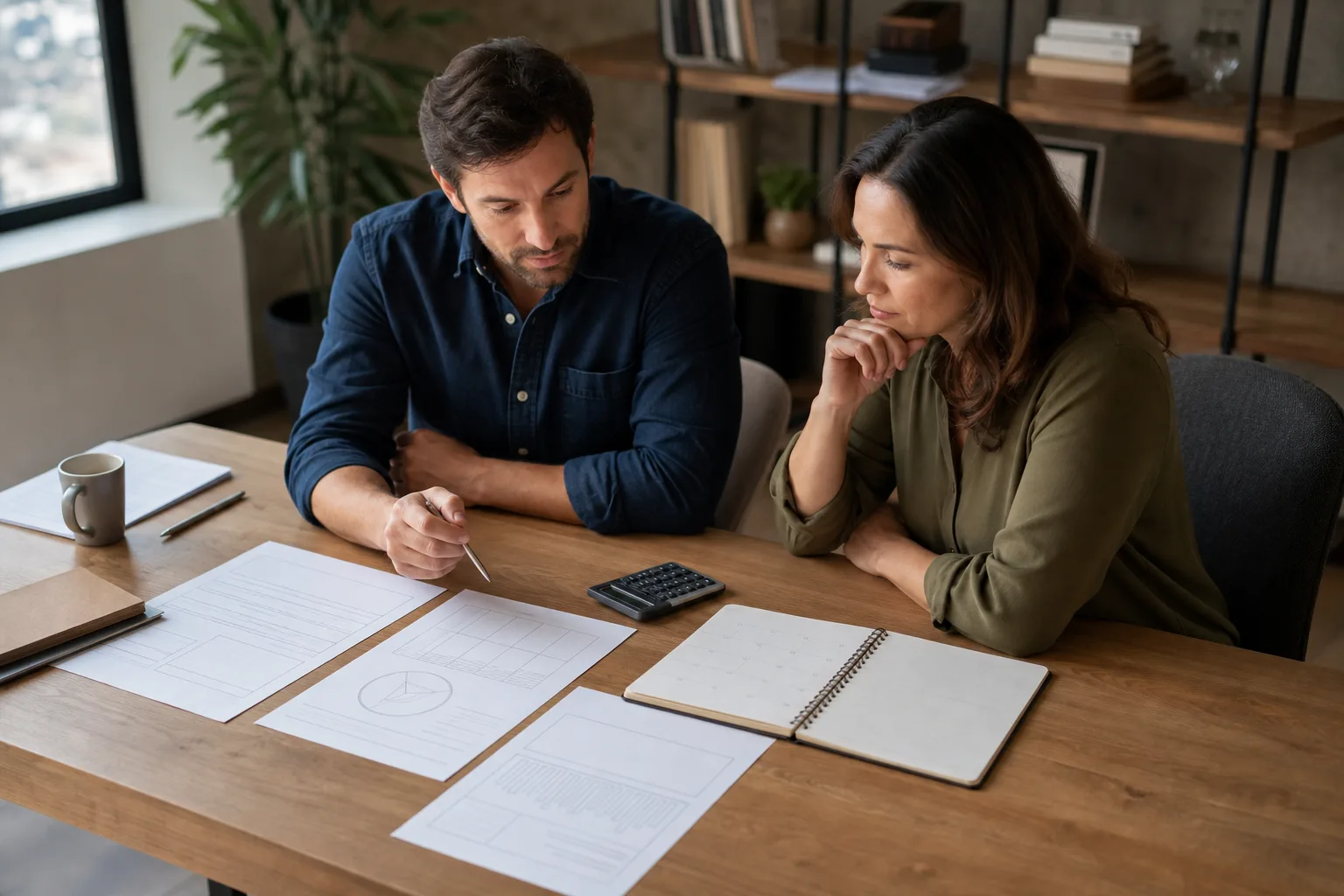Business owners reviewing blank business financial charts, a planning calendar, and a calculator for a financial cleanliness checklist for founder-led businesses