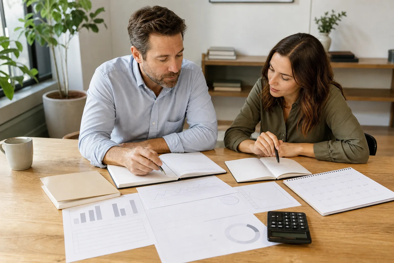 Business owners reviewing blank business financial charts, a planning calendar, and a calculator for understanding financial cleanliness metrics for founder-led businesses