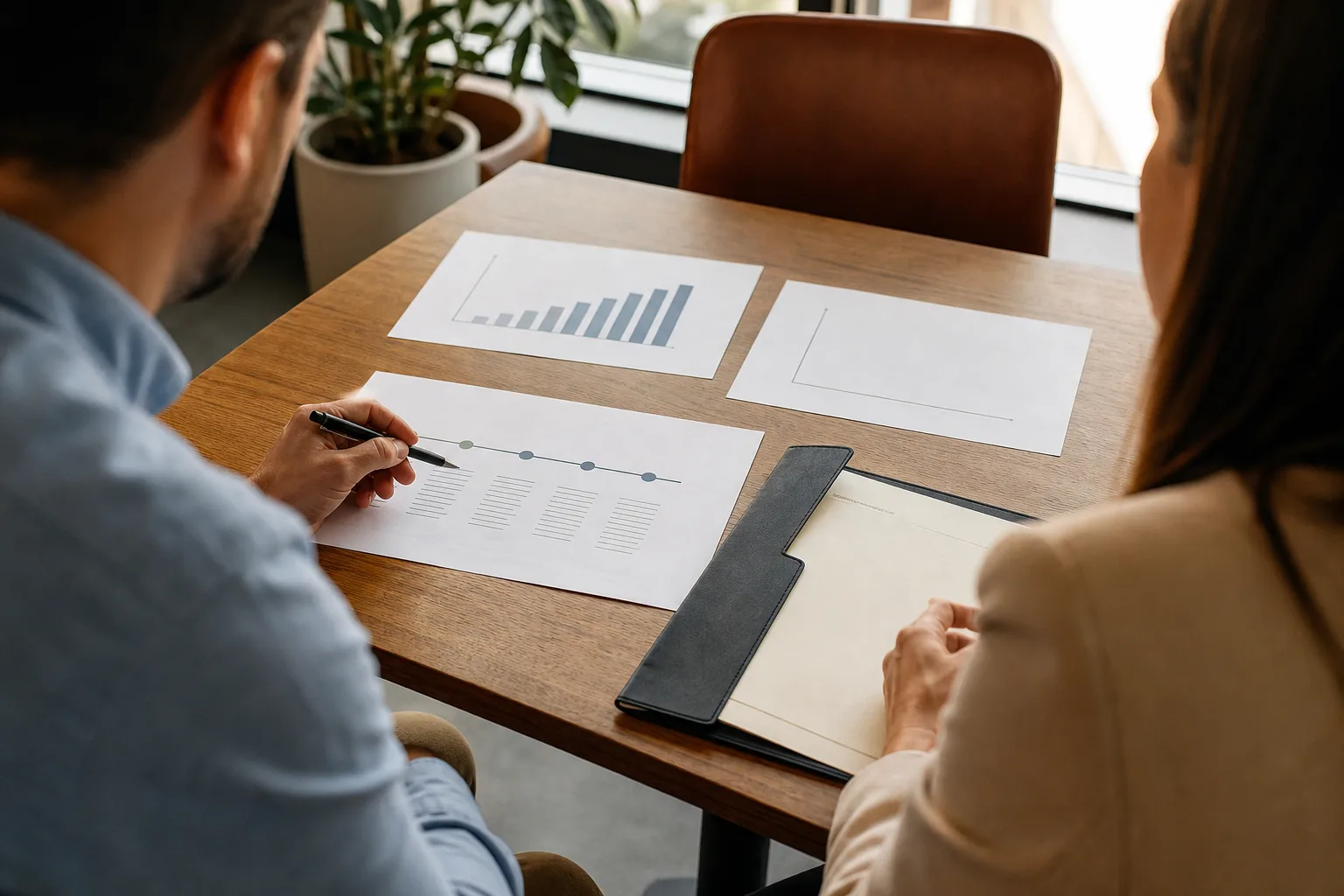 Business owners discussing exit readiness and m&a preparation with financial charts Business owners discussing exit readiness and m&a preparation with financial charts