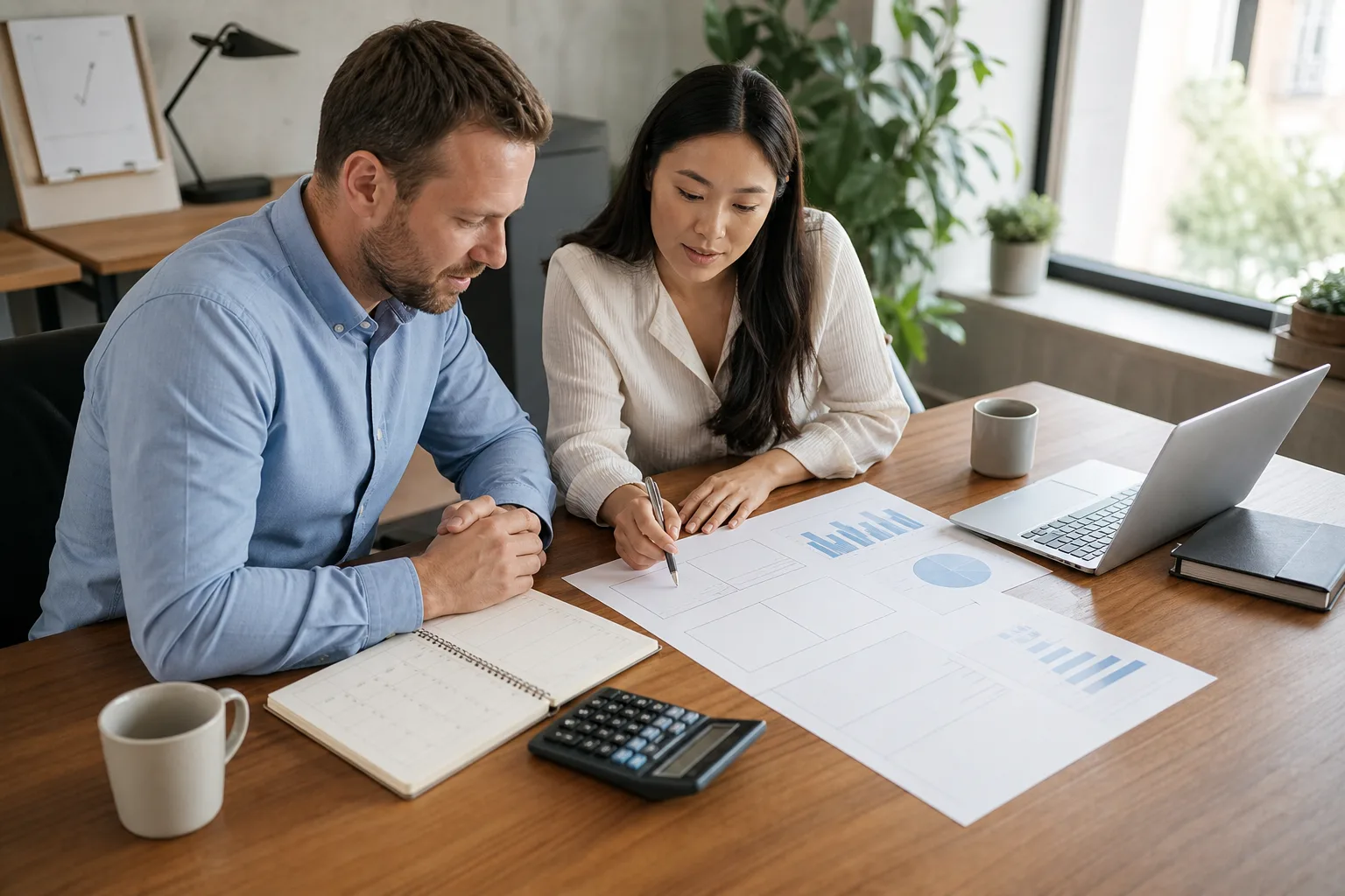 Business owners reviewing blank business financial charts, a planning calendar, and a calculator for fractional cfo benefits for founders in the united states Business owners reviewing blank business financial charts, a planning calendar, and a calculator for fractional cfo benefits for founders in the united states
