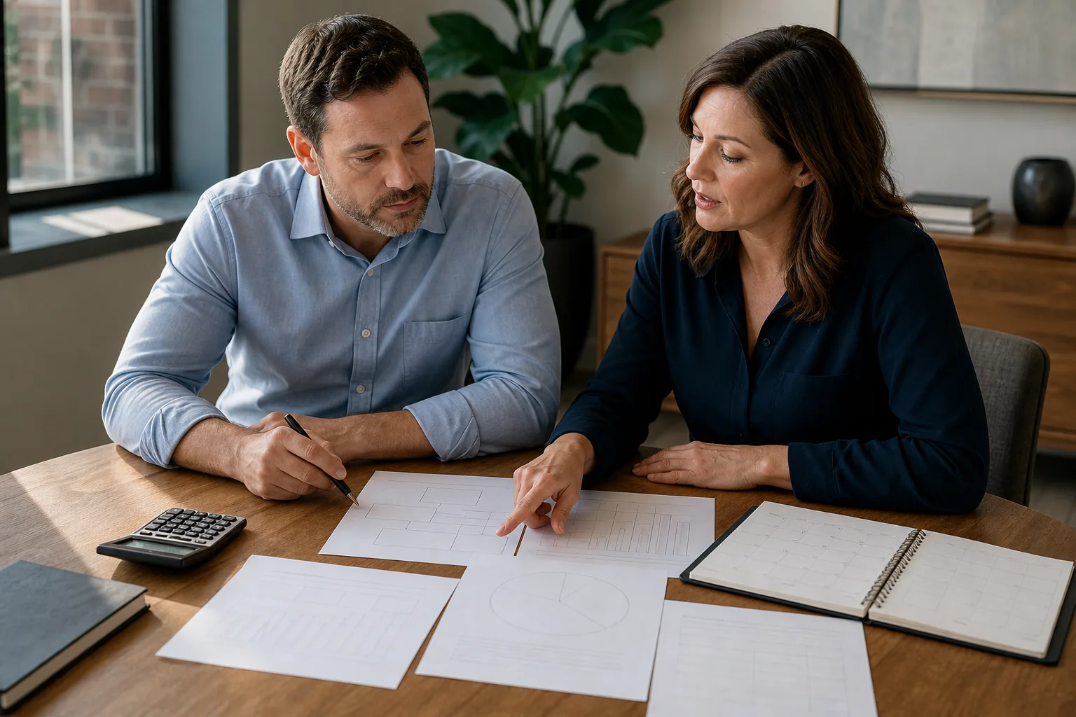 Business owners reviewing blank business financial charts, a planning calendar, and a calculator for how a fractional cfo supports acquisition planning Business owners reviewing blank business financial charts, a planning calendar, and a calculator for how a fractional cfo supports acquisition planning