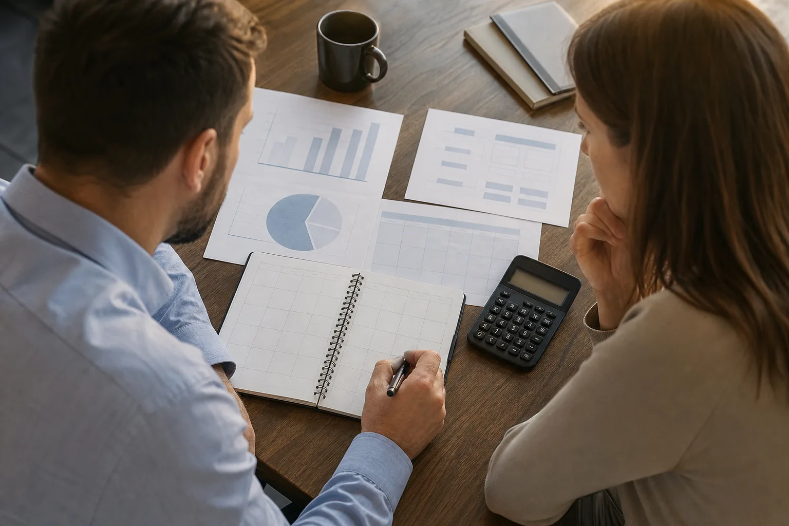 Business owners discussing questions to examine before pursuing a transaction with financial charts Business owners discussing questions to examine before pursuing a transaction with financial charts
